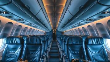 ai gerado dentro do a avião com azul couro assentos foto