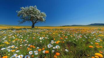 ai gerado cheio de flores campo com montanhas dentro fundo foto