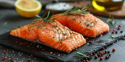 ai gerado fechar-se do salmão em corte borda foto