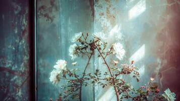 ai gerado vintage floresce contra rústico janela foto