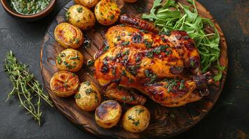 ai gerado assado frango e batatas em de madeira prato foto