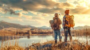 ai gerado aventureiro casal desfrutando pôr do sol de a lago foto