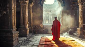 ai gerado monge caminhando dentro antigo têmpora luz solar foto