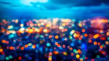 ai gerado cidade luzes bokeh fundo às crepúsculo foto