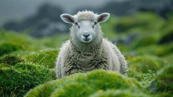 ai gerado ovelha em pé em exuberante verde encosta foto