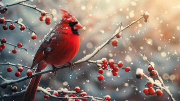 ai gerado vermelho pássaro empoleirado em coberto de neve árvore ramo foto