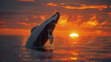 ai gerado corcunda baleia mergulhos para dentro oceano às pôr do sol foto