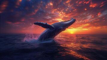 ai gerado corcunda baleia mergulhos para dentro oceano às pôr do sol foto