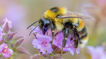 ai gerado abelha alimentando em roxa flor foto