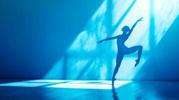 ai gerado gracioso silhueta do uma bailarina dentro azul luz foto