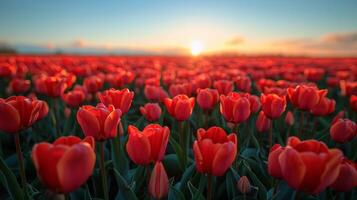 ai gerado campo do vermelho flores com montanhas dentro fundo foto