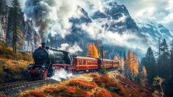 ai gerado vintage trem viagem através outono paisagem montanhosa foto