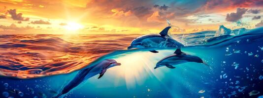 ai gerado golfinhos saltando às pôr do sol dentro oceano foto