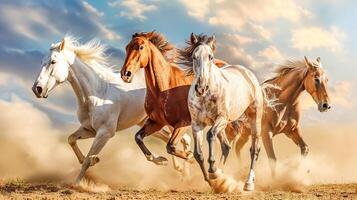 ai gerado dinâmico imagem capturando a beleza do cavalos galopando dentro poeira debaixo uma Claro céu foto