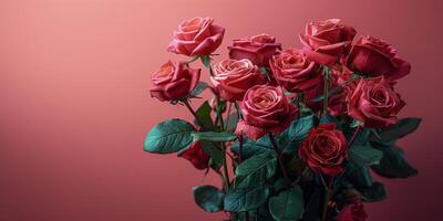 ai gerado vaso preenchidas com vermelho rosas em mesa foto