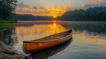 ai gerado canoa em repouso em beira do lago às pôr do sol foto