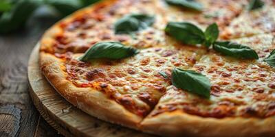 ai gerado delicioso pizza com tomates e manjericão em de madeira borda foto