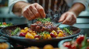 ai gerado pessoa cozinhando Comida em prato dentro cozinha foto