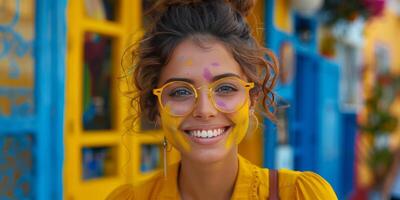 ai gerado mulher com amarelo pintura em dela face foto