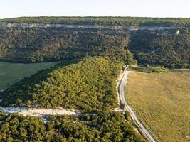 aéreo Visão em verde trigo campo, estrada e colinas dentro interior. campo do trigo sopro dentro a vento em pôr do sol. orelhas do cevada colheita dentro natureza. agronomia, indústria e Comida Produção. foto