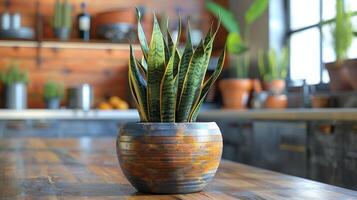 ai gerado em vaso plantar em de madeira mesa foto