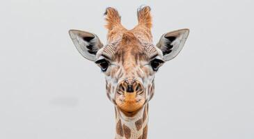 ai gerado fechar acima do girafas face em branco fundo foto