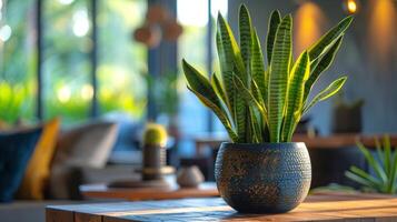 ai gerado em vaso plantar em de madeira mesa foto