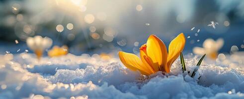 ai gerado solitário amarelo flor dentro neve foto