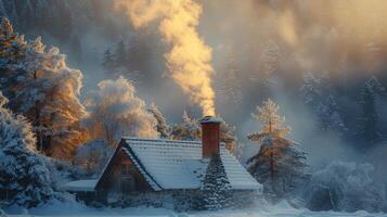 ai gerado pequeno cabine dentro Nevado campo foto