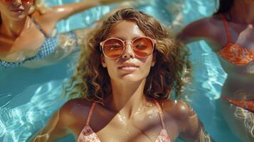 ai gerado três mulheres dentro uma natação piscina vestindo Sol óculos foto