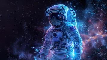 ai gerado cósmico figura do a astronauta dentro azul e roxa luz golpes, Preto fundo foto
