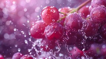 ai gerado uma grupo do uvas estourando, com gotas do suco vôo por aí foto