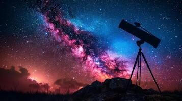 ai gerado telescópio recortado contra uma cravejado de estrelas céu com galáxia sussurros foto
