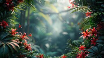 ai gerado tropical cena com vermelho flores e verde folhas foto