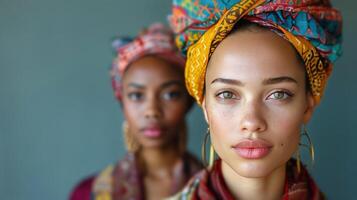 ai gerado dois mulheres vestindo colorida cabeça envoltórios e lenços foto