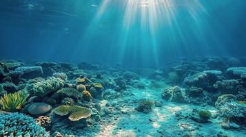 ai gerado raios solares iluminar coral recife embaixo da agua foto