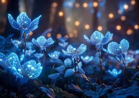 ai gerado bioluminescente flor brilhando flora dentro a encantado floresta foto