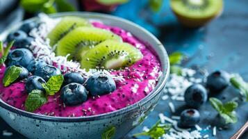 ai gerado uma vibrante Dragão fruta batido tigela com kiwi e coco flocos foto