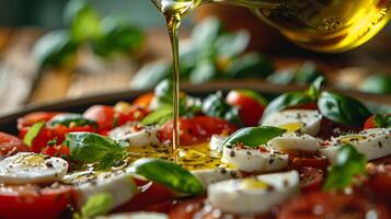 ai gerado uma cascata do dourado Oliva óleo elegantemente derramando para uma fresco caprese salada foto