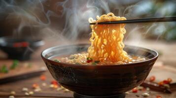 ai gerado uma tigela do vapor ramen com Macarrão ser levantado com pauzinhos foto