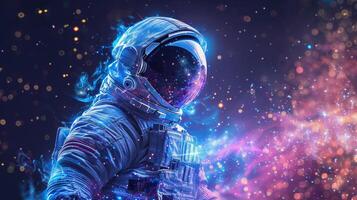 ai gerado cósmico figura do a astronauta dentro azul e roxa luz golpes, Preto fundo foto