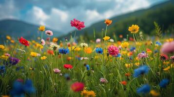 ai gerado flores silvestres campo com montanha fundo foto