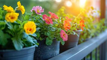 ai gerado linha do em vaso flores em sacada foto