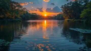 ai gerado Sol configuração sobre água dentro uma lago foto