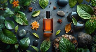 ai gerado garrafa do perfume cercado de folhas e pedras foto