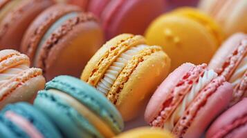 ai gerado uma vibrante exibição do sortido macarons, com delicado o preenchimento escorrendo Fora foto