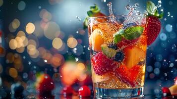 ai gerado uma refrescante vidro do sangria com frutas flutuando e uma respingo foto