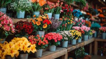 ai gerado grupo do flores em uma estante foto