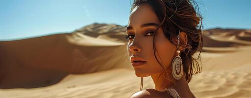 ai gerado mulher com grandes cabelo em pé dentro a deserto foto