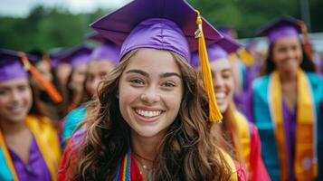 ai gerado grupo do jovem mulheres dentro graduação vestidos foto